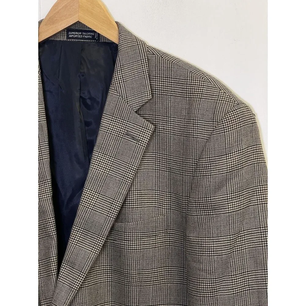 Nautica Wool 2 Button‎ Sport Coat 44L Light Brown Glen Plaid Blazer Jacket